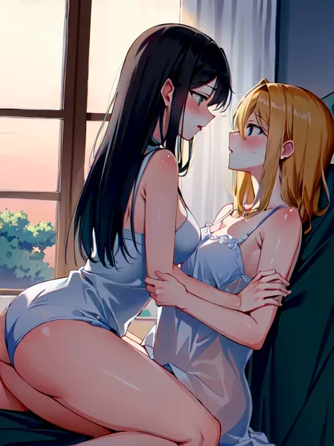 (best quality masterpiece:1), 8k, (detailed shoujo manga style:1), 2girls, beautiful, absurdres, lingeries, yuri, early morning, lesbian couple