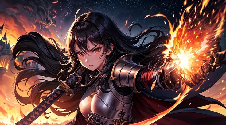 masterpiece,best quality,ultra detailed,(1 Female Knight),(((Equip a shinning katana))),(rage:0.6),upper body shot,black hair,long hair,brown eye,straight hair,(flame:1.4),(sunrise),(((castle))),(Shimmering Nightscapes),(Cosmic Whirl),(((Powerful pose))),(...