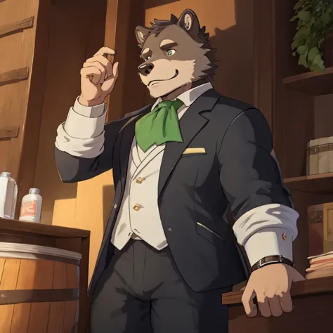 A grey furred grizzly bear with a watch green ascot and tuxedo