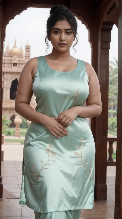 Malvika Sharma Indian beautiful woman sexy curvy plus size model wearing Silk Kurta with Chikan Work with Phad Print facing to camera in standing position, curvy plus size figure, big m-cup breasts, side bun hairstyle, bright eyes, thin eyebrows, fair skin...