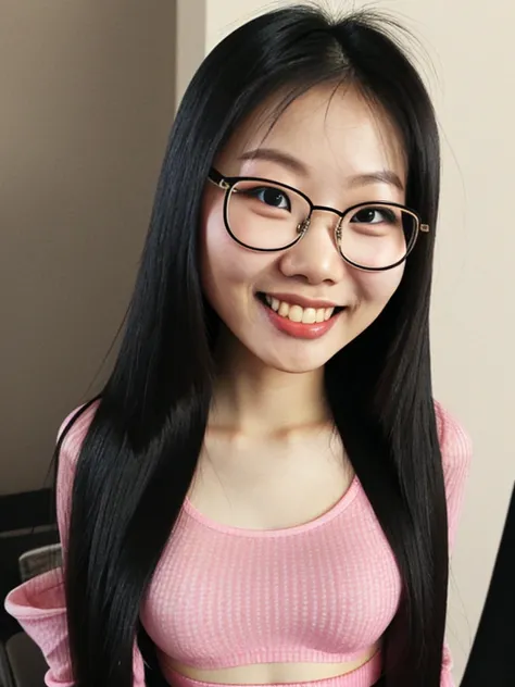 asian, glasses,  small breasts, pink bra, smile, sexy pencil skirt, tights, long straight hair, long legs