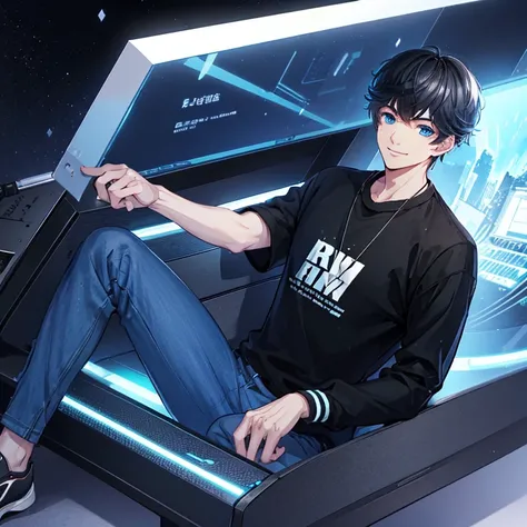 male, black hair, blue eyes, musician, wearing modern casual outfit, smiling, Zhou Qiluo