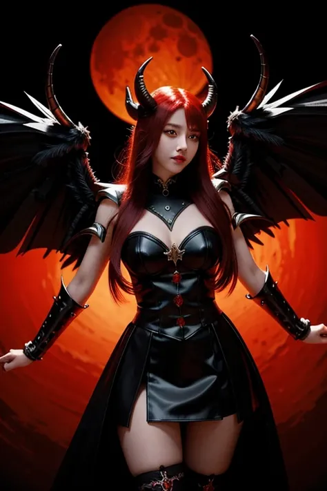 (tmasterpiece, Best quality at best, detailedbackground, Complicated details), dark castle, 1 girl, The demons, red hair clothes, 黑The eye, Pupil of the slit, curled horns, wings, bucktooth, Black armor, whips, natta, Red Moon