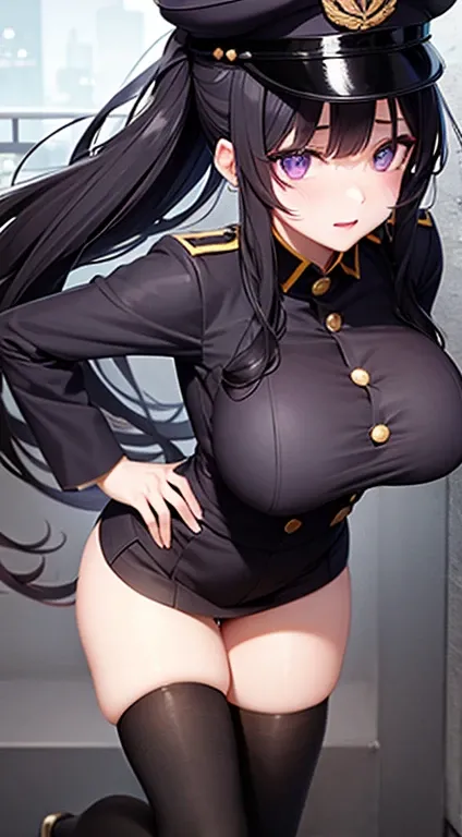 breast, purple eyes, military cap, long black hair