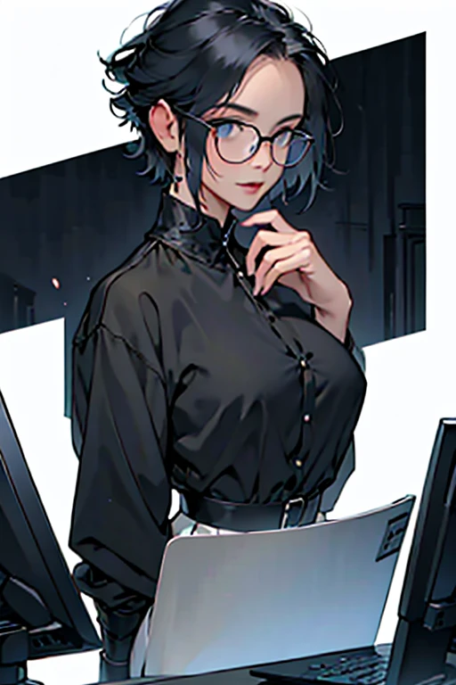 Working on a computer, Black shirt, Delicate drawing, Female in her 40s, bespectacled, Beautiful fece, bright mood, bob cuts, Dress calmly