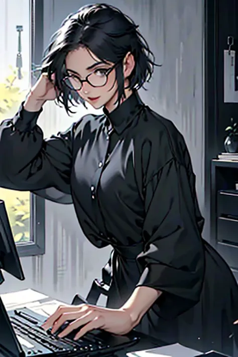 Working on a computer, Black shirt, Delicate drawing, Female in her 40s, bespectacled, Beautiful fece, bright mood, bob cuts, Dress calmly