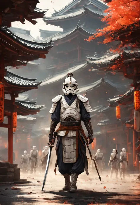 (8k uhd, masterpiece, best quality, high quality, absurdres, ultra-detailed, detailed background), (full body:1.4), (a Japanese luke skywalker samurai with great sword, walking across a bunch of Japanese stormtroopers samurai), (beautiful, aesthetic, perfe...