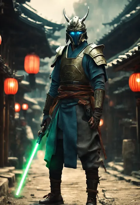 (8k uhd, masterpiece, best quality, high quality, absurdres, ultra-detailed, detailed background), (full body:1.4), (a Japanese luke skywalker samurai with great green lightsaber sword, walking across  village), (beautiful, aesthetic, perfect, delicate, in...