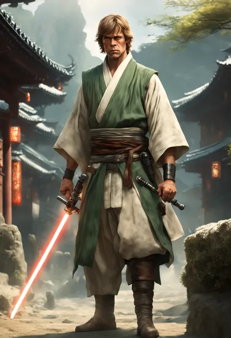 (8k uhd, masterpiece, best quality, high quality, absurdres, ultra-detailed, detailed background), (full body:1.4), (a Japanese luke skywalker samurai with great green lightsaber sword, walking across village), (beautiful, aesthetic, perfect, delicate, int...