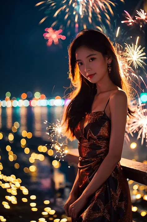 A photo of very beautiful Thai girl wearing a nice cloth dress, standing next to the river with a sparkler in hand. The atmosphere is beautiful with fireworks and colorful lights on the night of New Years Eve..