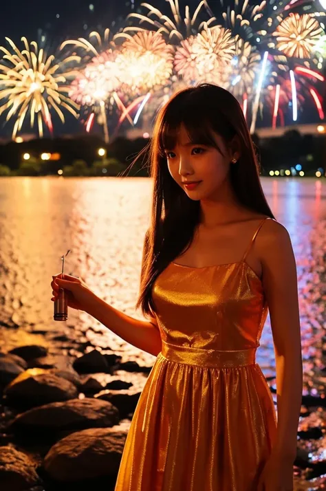 A photo of very beautiful Thai girl wearing a nice cloth dress, standing next to the river with a sparkler in hand. The atmosphere is beautiful with fireworks and colorful lights on the night of New Years Eve..