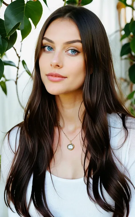 1 Woman， long whitr hair，black color hair， Round face， adolable，Height， delicated face， 年轻， ssmile， a plant， jk， posed for photo， Surreal beauty， Charming beauty， 8k， full bodyesbian, hot, sexy, big eyes, no makeup, real, realistic, real life, perfect blue...