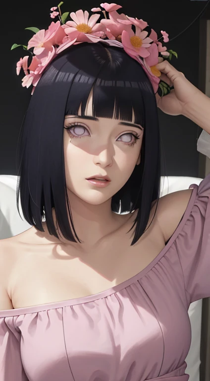 master part, absurdos, Hinata(Boruto), 1girl, sozinho,Mature female, Off-shoulder strap bra, mini saia de cintura alta, looking at the petals), perfect composition, circunstanciado lips, peito grande, beautiful face, body propotion, corar, (pink lips), cab...