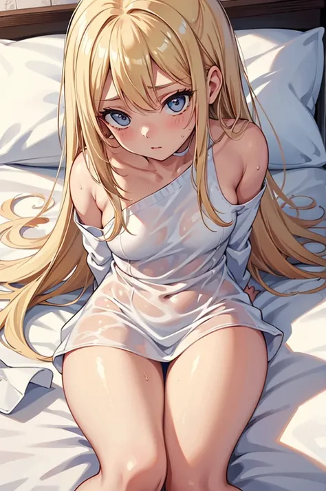 a blond girl is looking down at you lustfully while her white painties are a wet, the girl is one piece of clothing away from being nude, the image is focused on her exposed painties, the girl is laying down on a bed, she is in a w position,