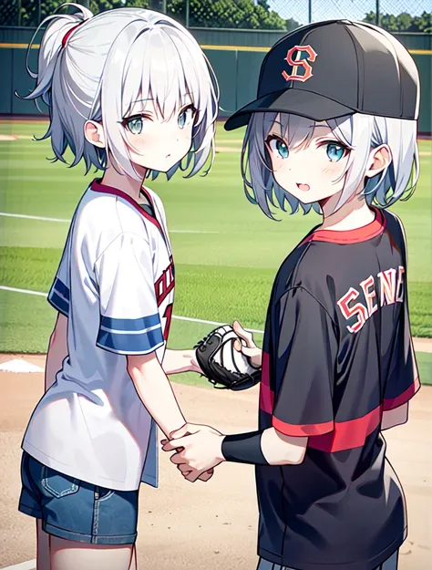 baseball field　14-year-old girl　pitcher　short hair silver hair　　kawaii faces　anime drawing　baseball cap