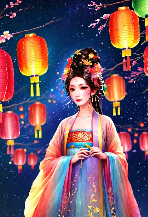 ((Celebrate New Year’s Day at the beautiful Yuyuan Garden in Shanghai))，new year 2024，(Colorful lanterns and decorationireworks in the night sky:1.8)，(挂满了很多Colorful lanterns and decorations)，Gorgeous Yu Garden，(((Fireworks bloom)))，Beautiful bright lights ...