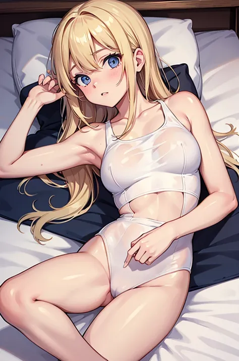 a blond girl is looking down at you lustfully while her white painties are a wet, the girl is one piece of clothing away from being nude, the image is focused on her exposed painties, the girl is laying down on a bed, she is in a w position,