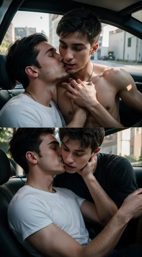 Capture an (((ultra-realistic photo))): Two young men in their (((mid-twenties))) locked in a passionate kiss, sharing an intimate moment in a (modern car)) , professional photography