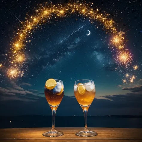 14:21:34 Beautiful starry night sky, mit volmond, viel feuerwerk, in the foreground two hands clink glasses, mit drinks