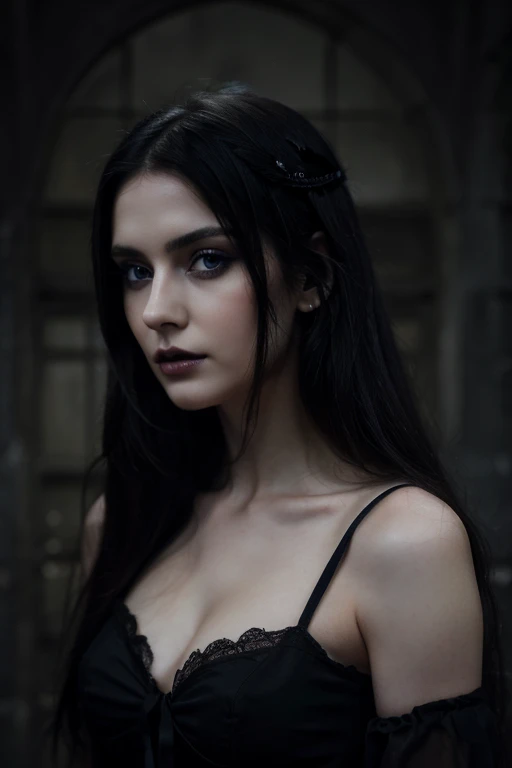 "(best quality,highres),(realistic:1.37),pale skin,white goth girl,blue eyes,beautiful detailed eyes,dark makeup,black dress,flowing dress,long black hair,gloomy atmosphere,gothic surroundings,ethereal,soft lighting,dramatic shadows,hauntingly beautiful,su...