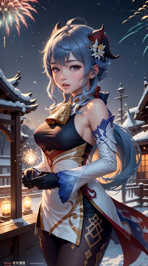 portrait,landscape,painting,illustration,ganyu \(genshin impact\),winter snowflakes fluttering,festive atmosphere,(grand firewor...