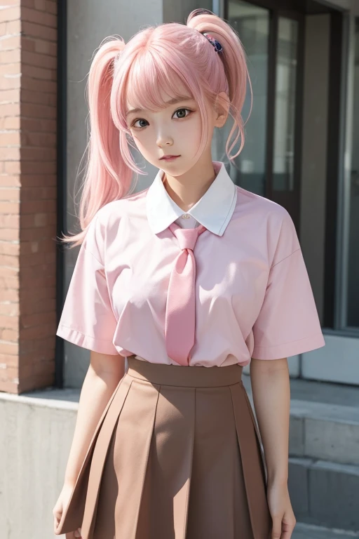 girl, pink hair in two ponytails, bangs closed on the right, pink school uniform and brown skirt, cute.