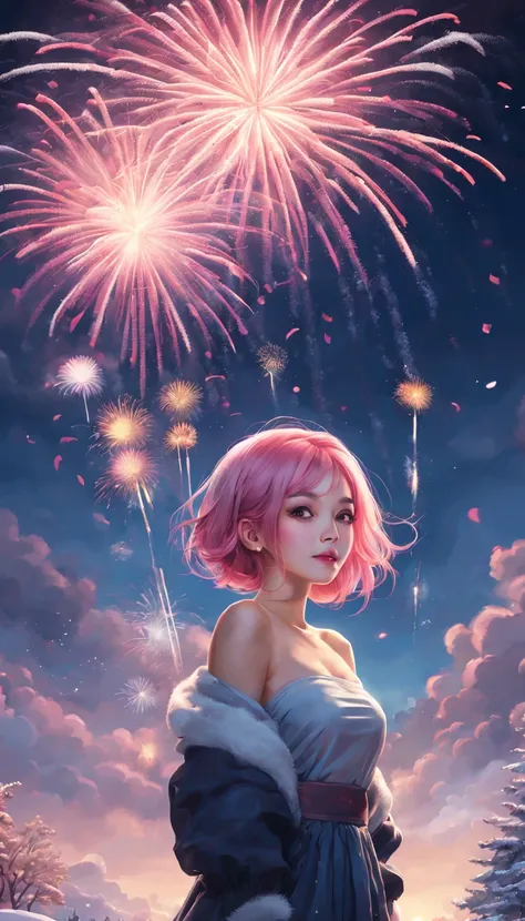 Festival poster, Happy New Year 2024,wide wide shot,Expansive night sky,Winter snowflakes fluttering,landscape,painting,illustration,portrait,yae miko, pink hair, sleeves separated, strapless,((grand fireworks display in the night sky)),mesmerizing colors ...