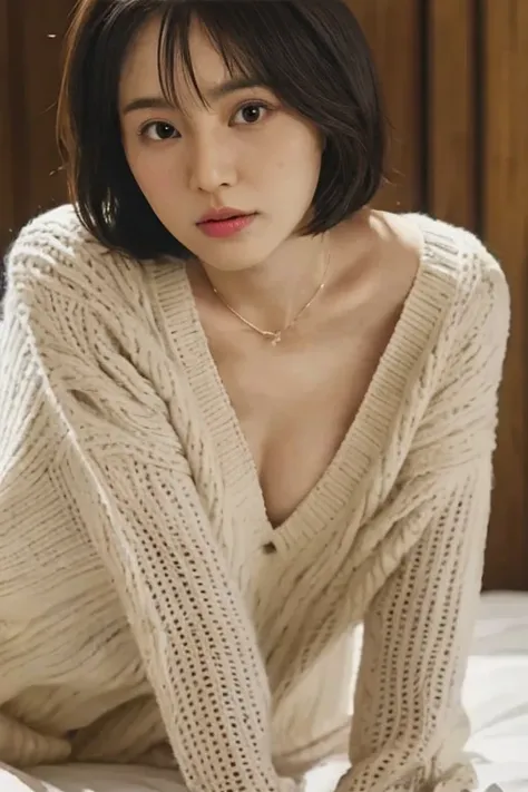 (Best Quality, 8K, 32K, masutepiece, nffsw:1.2), Photo of Pretty Japanese woman, Large breasts, Very short bob hair, Upper body, Japan at 21 years old, Oversized sweater, Hand-knitted sweater, (Leaning forward:1.3), Necklace, Hotel bedroom, From  above, Lo...