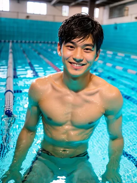 The same asian teenager guy like always, is on the edge of an empty indoor swimming pool, smilling playfully and showing a peace sign to the camera. The phtographer crouched down but not seen since the guy is always being photographed. The guy is shirtless...