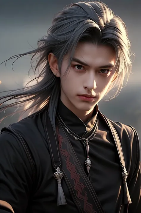 photorealistic,realistic,photography,masterpiece,best quality,ultra-detailed,extremely detailed CG unity 8k wallpaper,(1boy:1.1),silver hair,full body,the cage,smoke,flame,sword,holding a weapon,black theme,