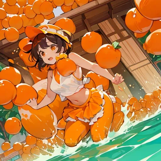 A student covered in mandarin orange parfait serving mandarin oranges、Amazing dynamism、Amazing Angle、Unstable buoyancy sandstorm、((Many friendly oranges float closely and chase each other.))、(surround each other&#39;Mandarin oranges)