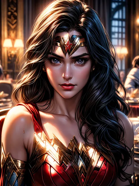 (wonder womans detailed face,supermans detailed face,bat mans detailed face),dining scene,vibrant colors,HDR,ultra-detailed,realistic,photorealistic:1.37,stunning background scenery,detailed dinner table setup,elegant atmosphere,beautifully lit,theatrical-...