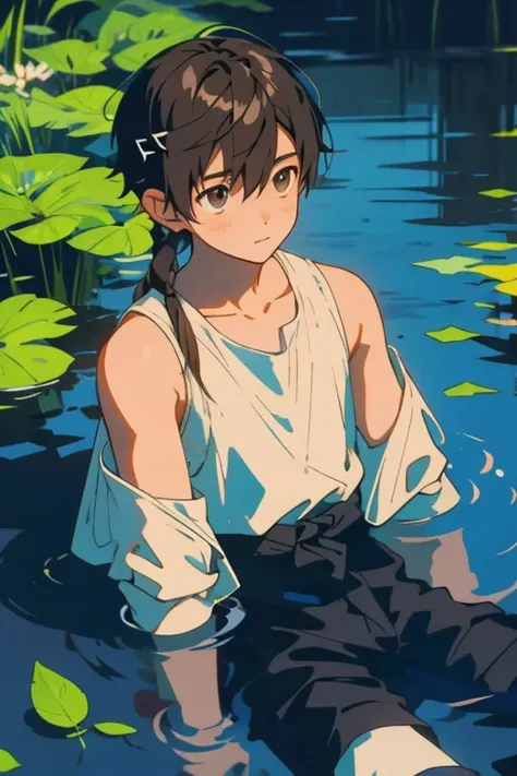 a boy is sitting in the water, wetting hair、Collected wet clothes、breastsout、bare shoulders​、colorless hair, shorth hair, with brown eye, Clear lake, Hairpin, Hairpin,  reflective light, 8K, Super Detail, high details, high details, Best Quality