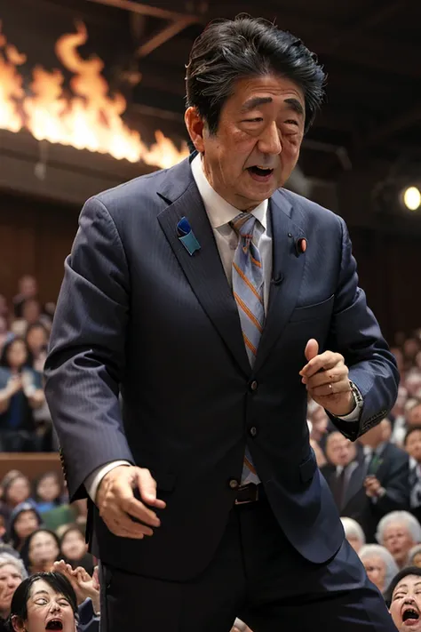 abe shinzo, in hell, with crowd of demons, fun, dynamic pose