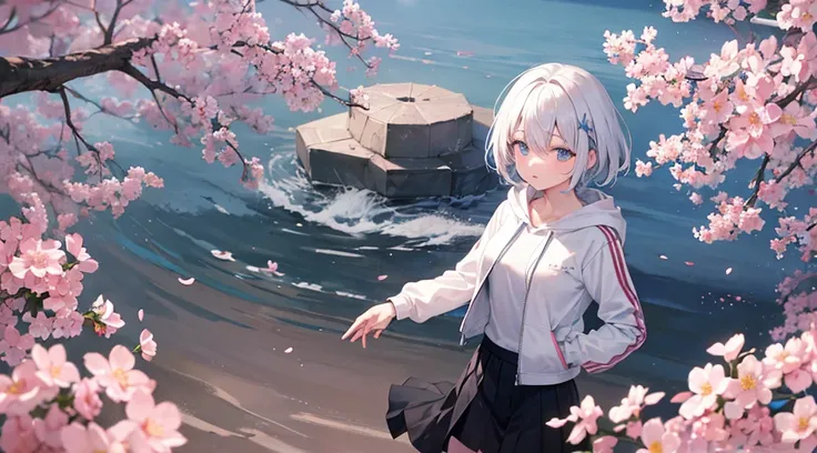 Ultra-high image quality,Look at viewers, hands behind back, girl with, 20 years old, Very short hair, long bangs between eyes, pale blue eyes, Hoodie, Skirt , Extremely detailed,(​masterpiece、top-quality),white hightastic, Silver hair, Black eyes,  Hoodie...