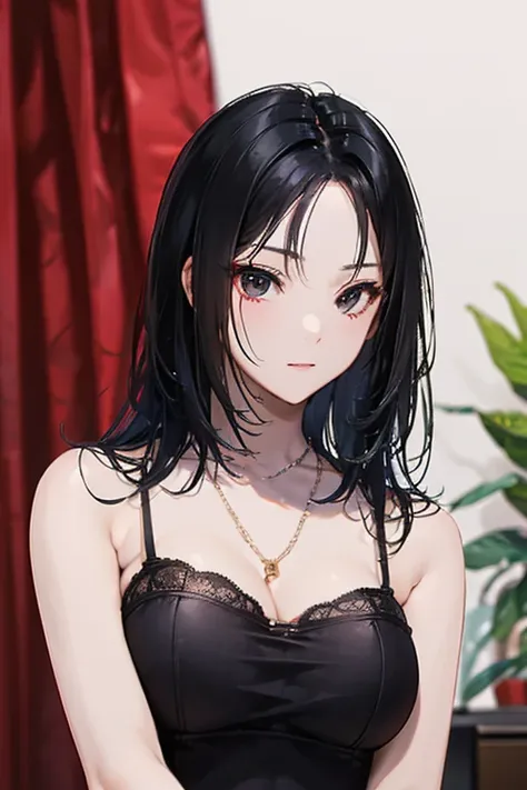 black hair, black eyes, Sexy, large breasts, red lingerie, red underwear, a hotel bedroom