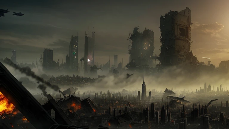 Arafede city skyline，There is a bell tower in the middle, destroyed city in background, landscape of apocalypse city, dystopian scifi apocalypse, cityscape ruins in the distance, Ruined cityscape, post - apocalyptic city, Dystopian digital concept art, des...