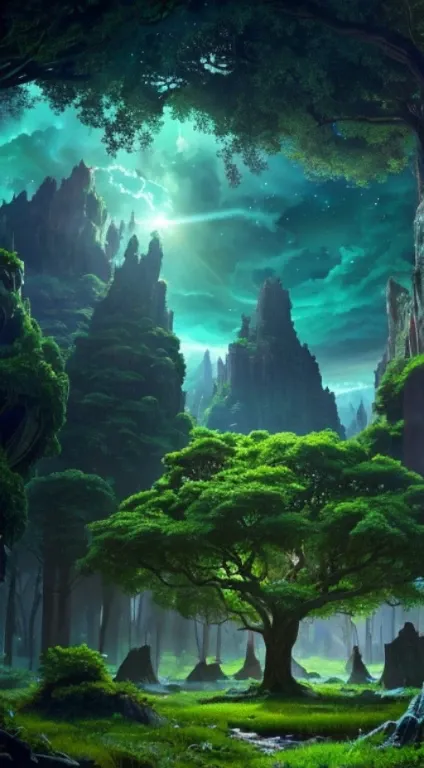 Illustration of a surreal, otherworldly, hyper sky scene including a giant crystal tree full body, highly detailed and magical lighting, intricate forest details, vegetation and surrounding river, solar punk, landscape, giant tree , beautiful green leaves,...