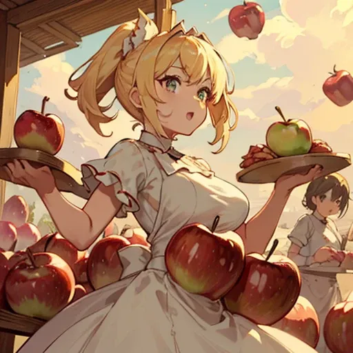 A pastry chef covered in apple parfait serving a large apple、Amazing dynamism、Amazing Angle、An apple sandstorm with unstable buoyancy scattering、((Many friendly large apples float closely together and chase each other.))、((surround each other&#39;big apple...