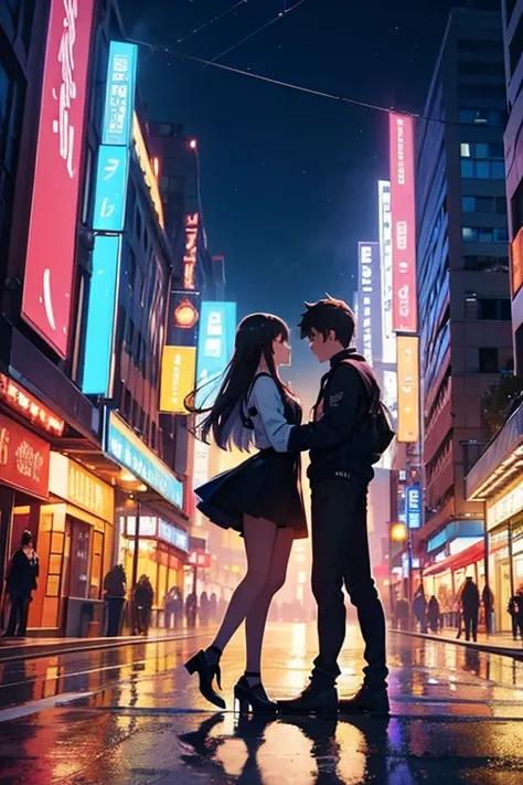 "Generate an image of a vibrant night cityscape as a background, with a focus on a teen boy and girl standing together. The city should be illuminated with colorful lights, capturing the dynamic energy of urban life. The boy and girl should be portrayed in...