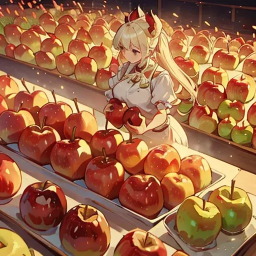 A pastry chef covered in apple parfait serving a large apple、Amazing dynamism、Amazing Angle、An apple sandstorm with unstable buoyancy scattering、((Many friendly large apples float closely together and chase each other.))、((surround each other&#39;big apple...