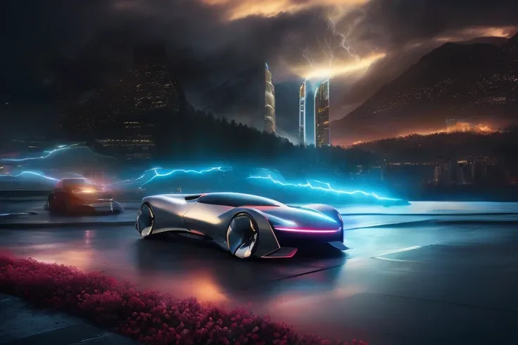 Futuristic cars with electric lights on a city street at night, futuristic product car shot, Futuristic cars, Futuristic cars concept, Futuristic carss, futuristic Concept, Futuristic concept design, 8K HD Concept Art, sci-fi car, concept art 8 k, Cyberpun...