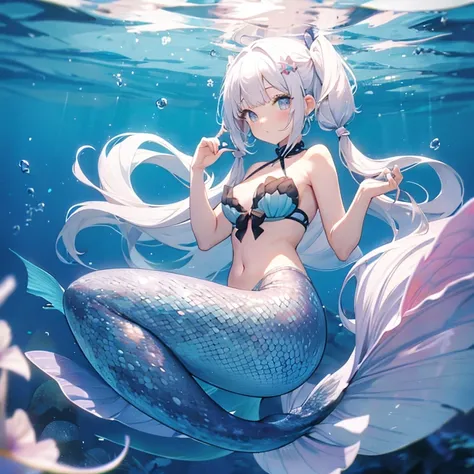 Petite ,White hair, Thick pigtails and straight bangs,mermaid, pastel pink theme, under the water, Full body, mermaid scales