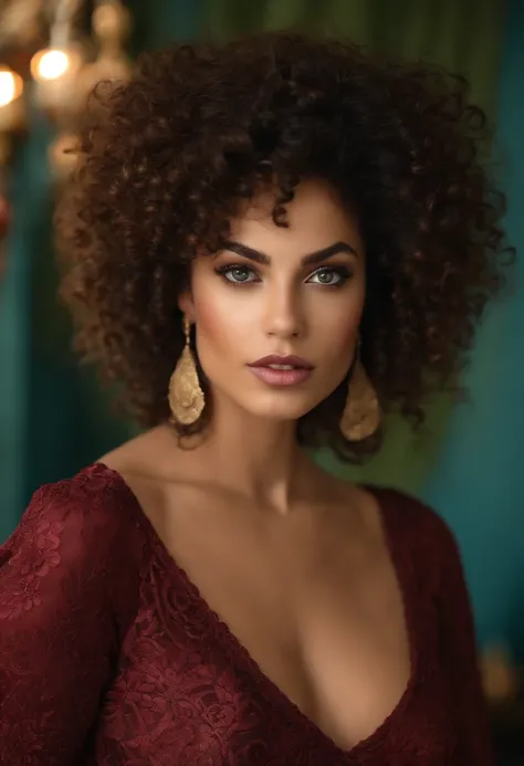 Pretty young Brazilian woman, (beau visage:1.1), detailled eyes, pouty lips, (Maquillage des yeux de chat:0.85), (grands yeux:1.0), (corps tonique:1.2), (curly hair:1.2)