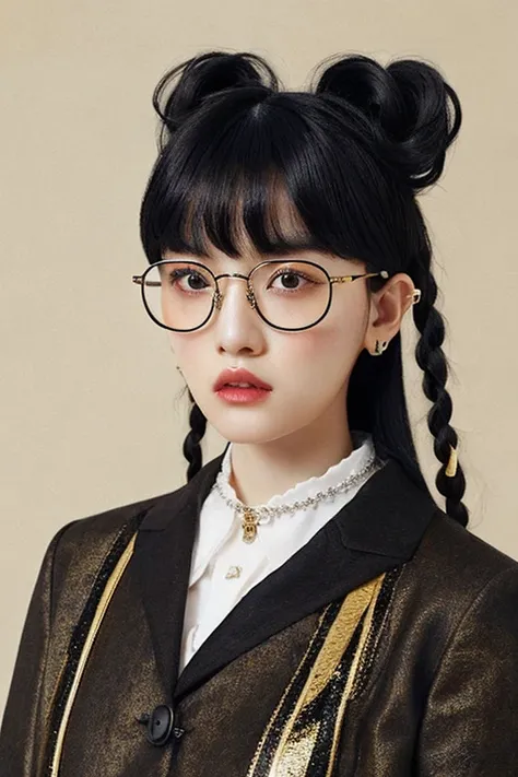 women are beige,a 20 yo woman、hitornfreckles、wears glasses、Pattsun bangs、Twin-tailed、black and gold mixed hair color、Retro、Fashion Editorial