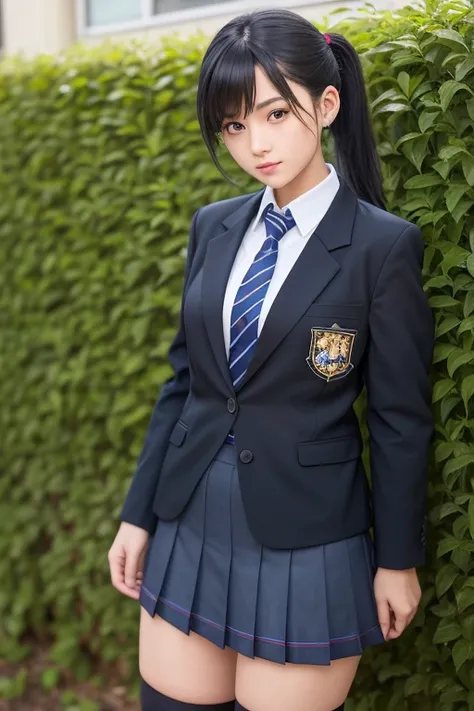 girl, dark blue hair tied in one ponytail, tomboyish, wearing a school uniform with a black jacket, short skirt and stockings, wearing a headset. school garden background, realistic