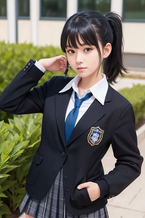 girl, dark blue hair tied in one ponytail, tomboyish, wearing a school uniform with a black jacket, short skirt and stockings, wearing a headset. school garden background, realistic