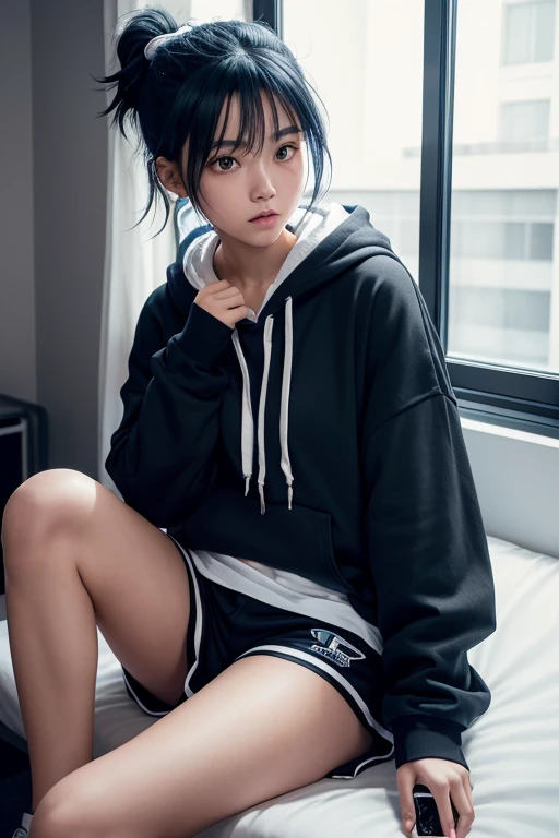 girl, dark blue hair tied in one ponytail on the right, tomboyish, wearing a white hoodie and black shorts, relaxing in her room at night, realistic