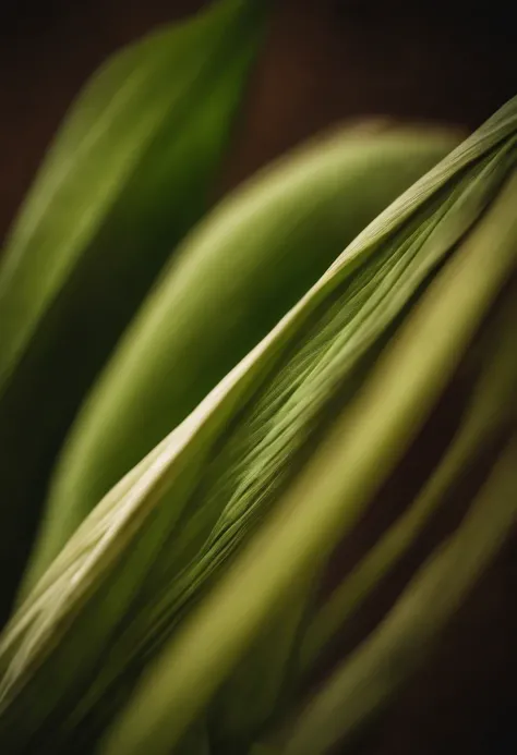 a detail shot of a corn husk, showcasing its texture, the delicate strands of silk, and the subtle shades of green and brown