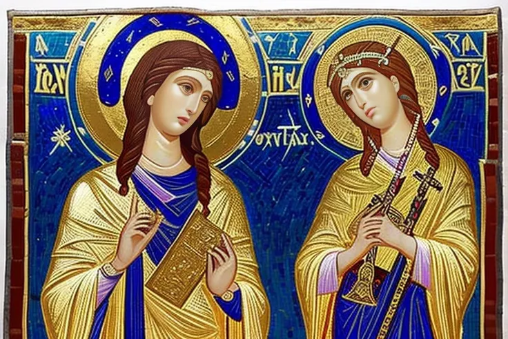 mosaic art, angels, beautiful slender females, playing instruments in heaven, short blonde, small bust, narrow waist, wearing white-gold greek clothes, large wings, (((byzantine art style)))